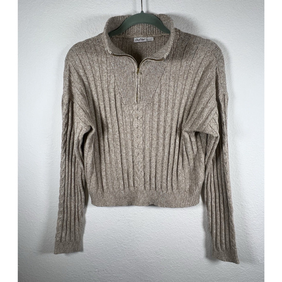 ASTER Cable Knit LARGE Stretch Cardigan CROPPED 1/4 Zip 90s Retro BOHO‎ Neutral - Picture 1 of 6